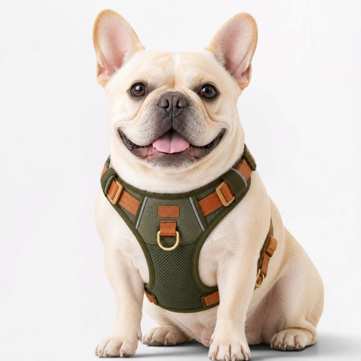 French Bulldog harness with reflective strips for evening walks