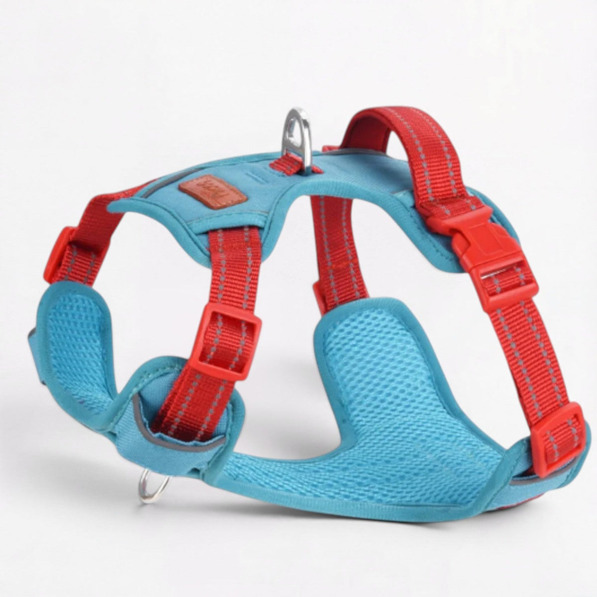 Mesh-lined French Bulldog harness that helps keep a heat-sensitive dog cooler
