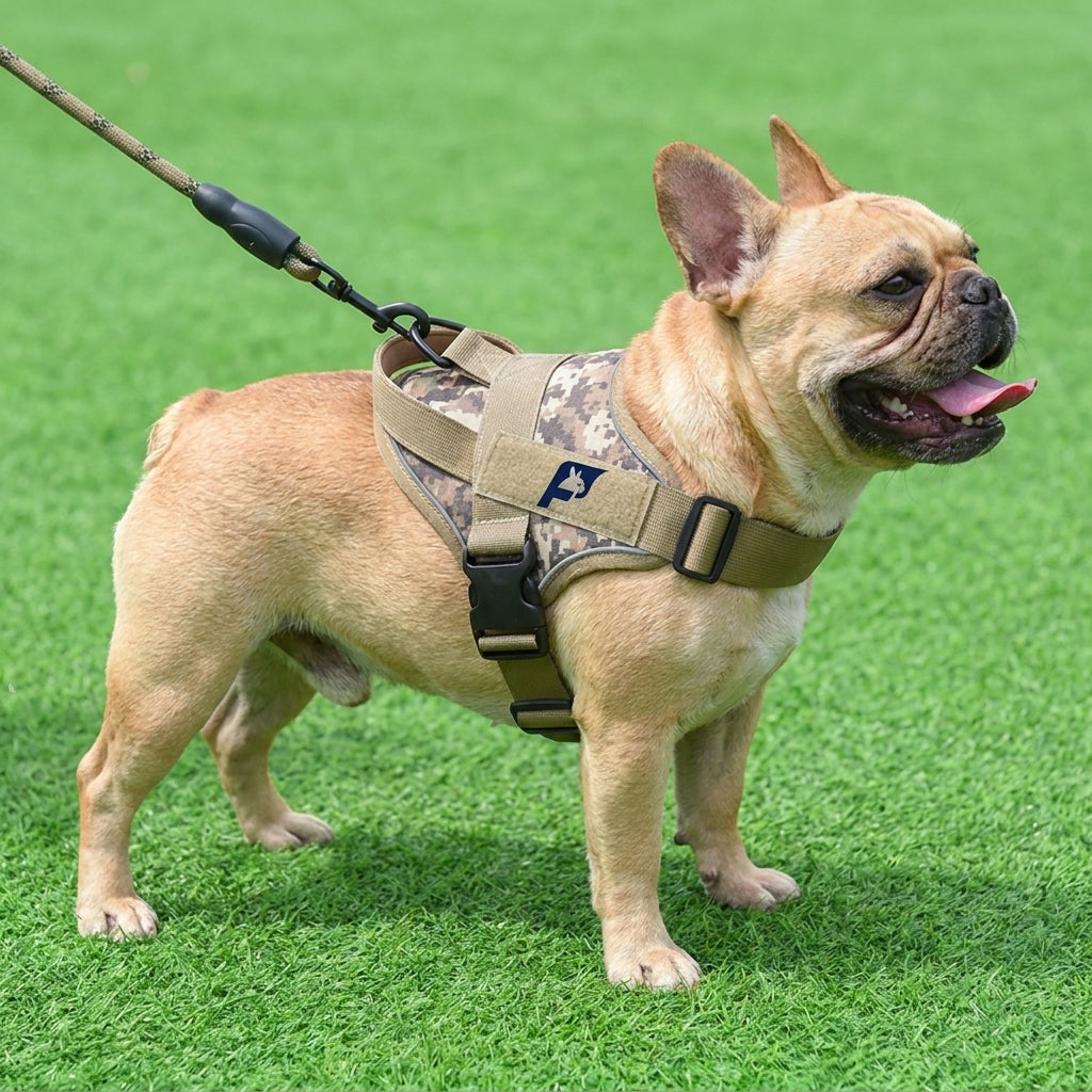 Bungee leash with a padded handle, matched to a French Bulldog tactical harness