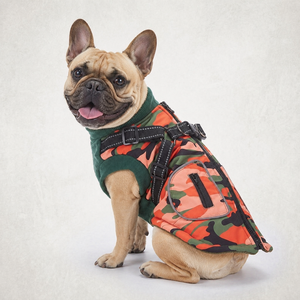 French Bulldog winter coat with a back D-ring and H-shaped chest strap