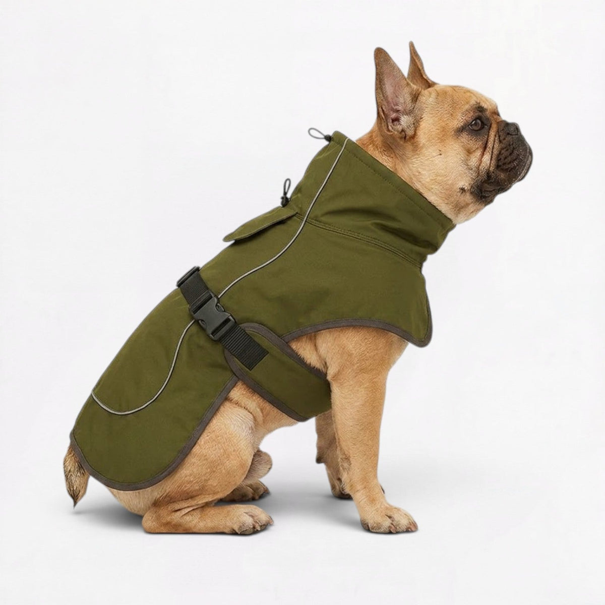 High collar on a fleece-lined French Bulldog reflective jacket