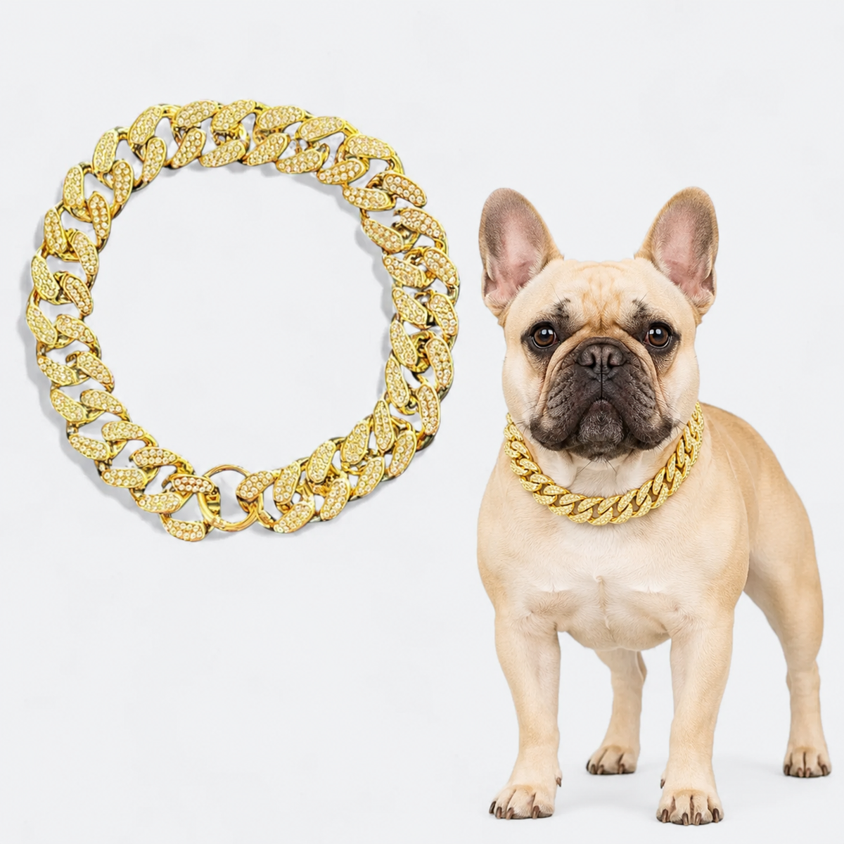 Lightweight ABS Cuban link Frenchie necklace with rhinestone inlay