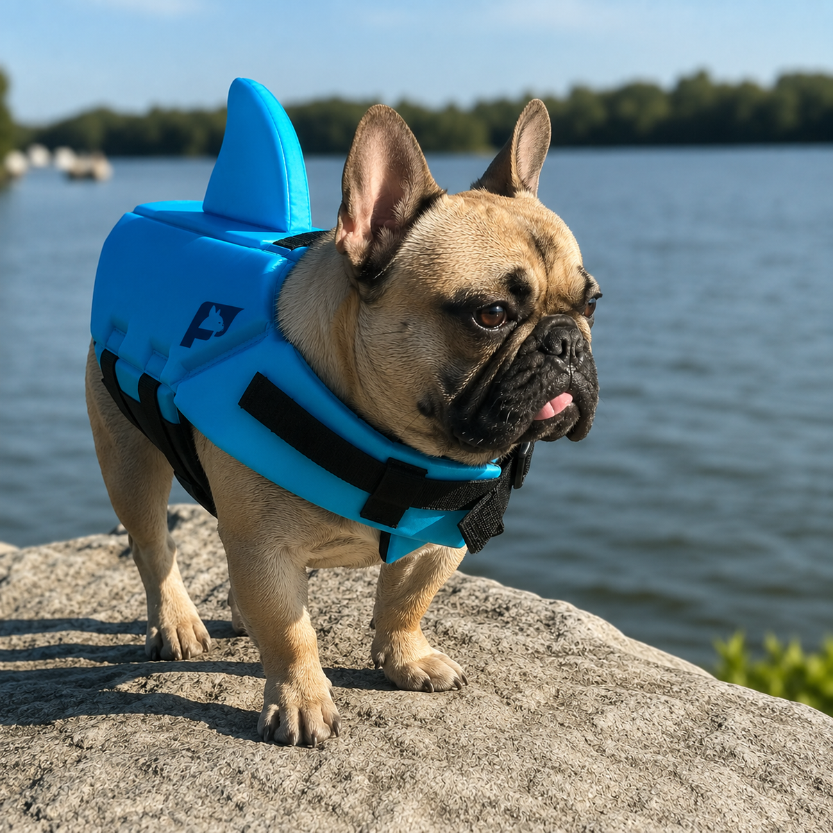 French Bulldog life vest with a built-in leash attachment point