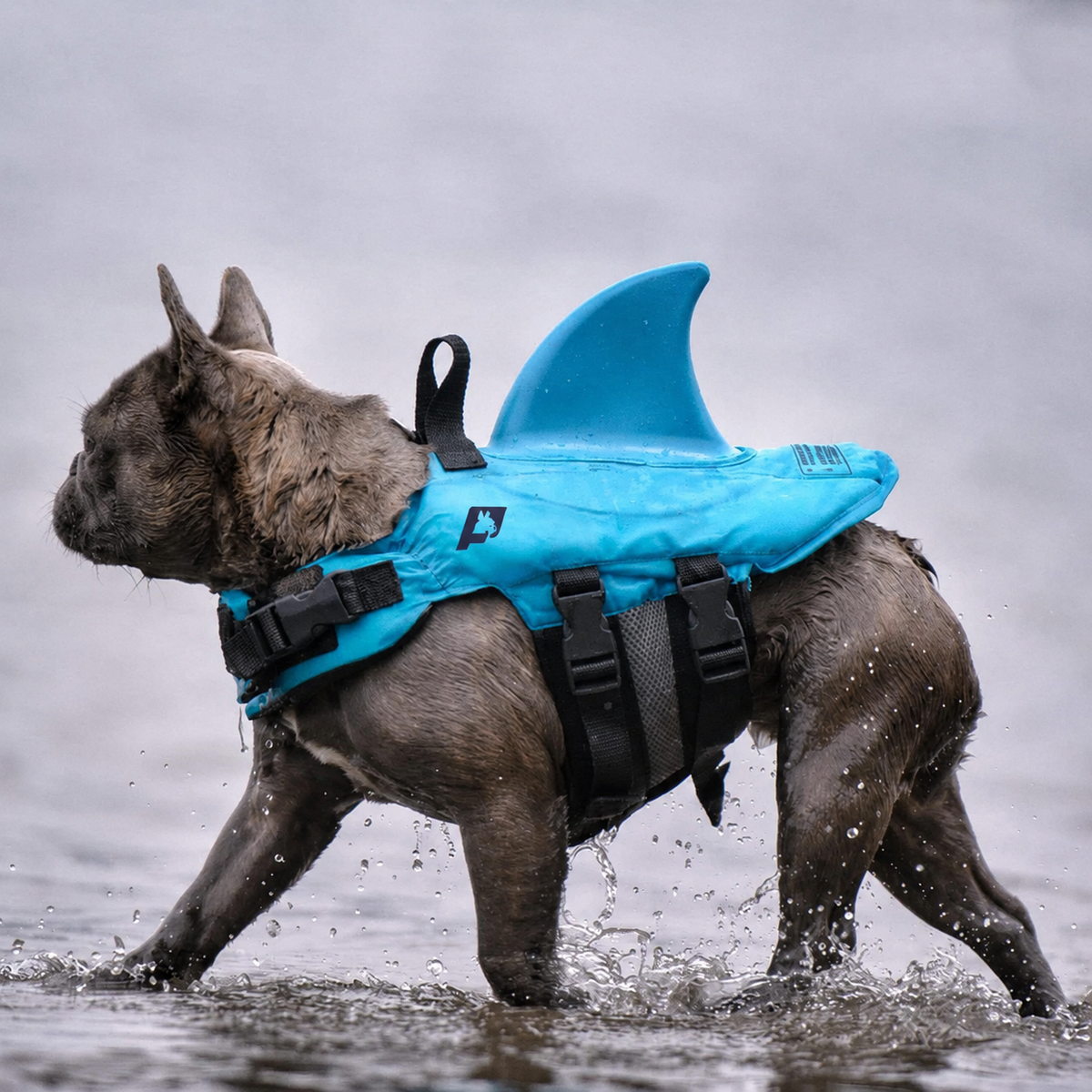 French Bulldog life vest with a shark fin and a rescue grab handle