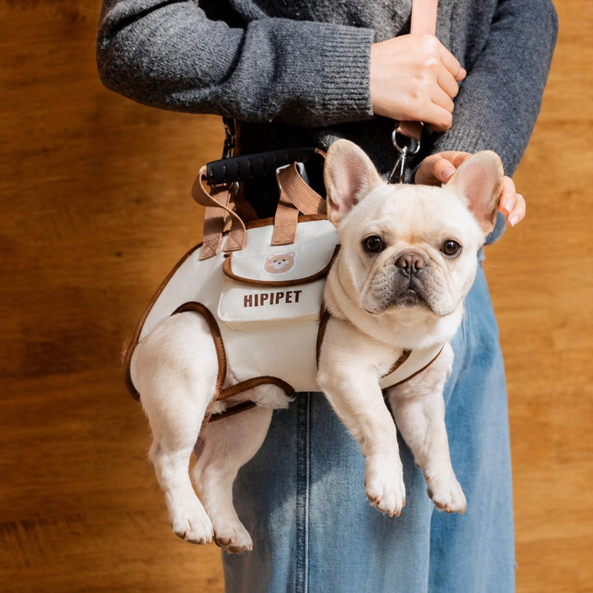 French Bulldog sling carrier with breathable mesh panels