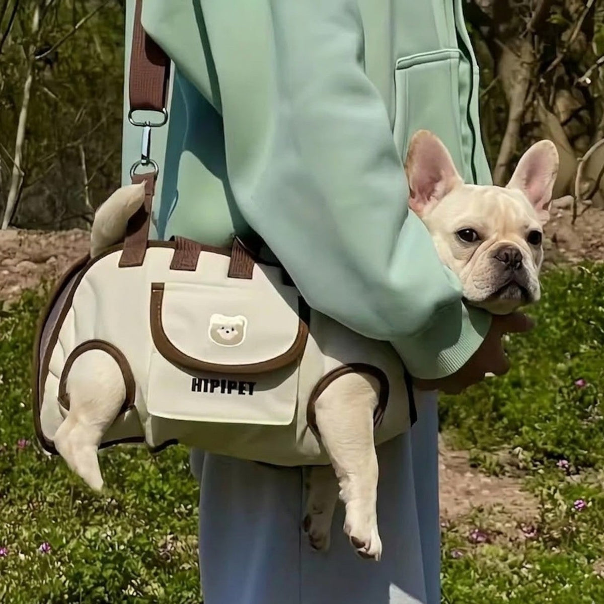 French Bulldog sling carrier with a detachable thick shoulder pad
