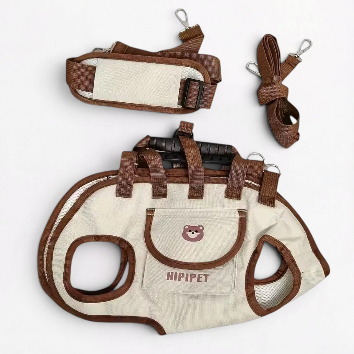 French Bulldog sling carrier with built-in leash clips and metal hooks