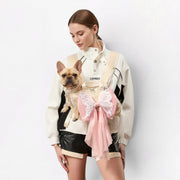 French Bulldog carrier backpack with breathable fiber mesh panels and an oversized butterfly bow