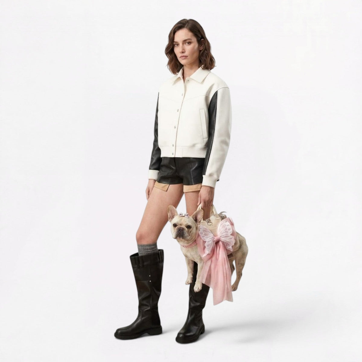 French Bulldog carrier with ergonomic leg openings and adjustable shoulder straps