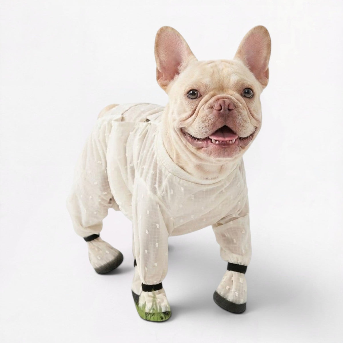 Frenchie waterproof jumpsuit with a reflective band at the neck