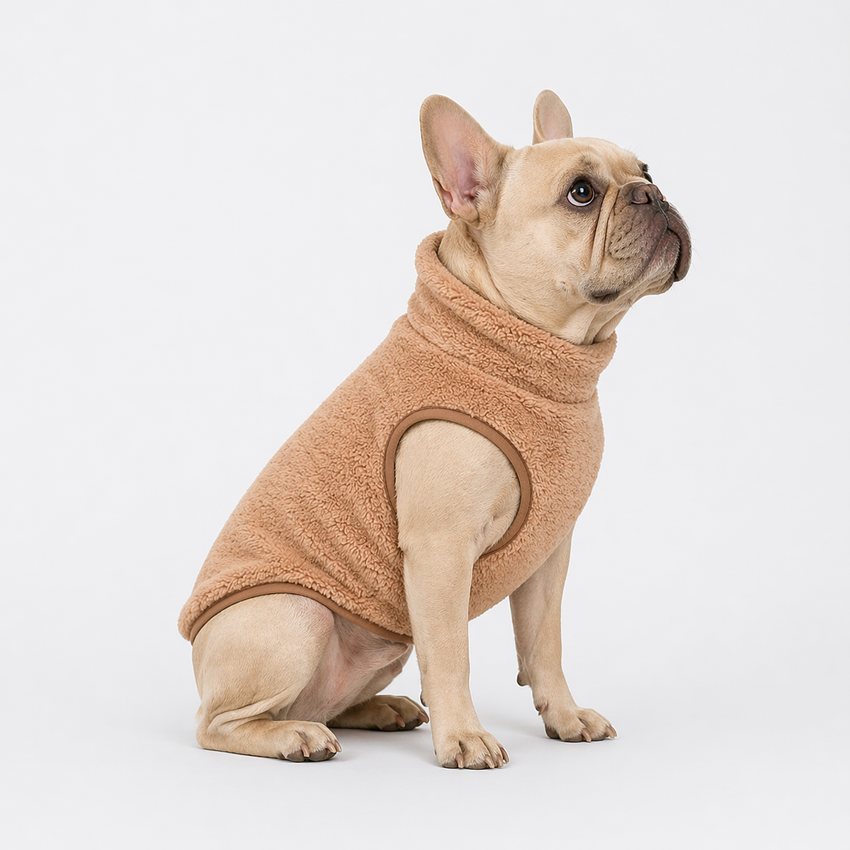 Plush cotton Frenchie pullover with a turtleneck that wraps the neck and throat