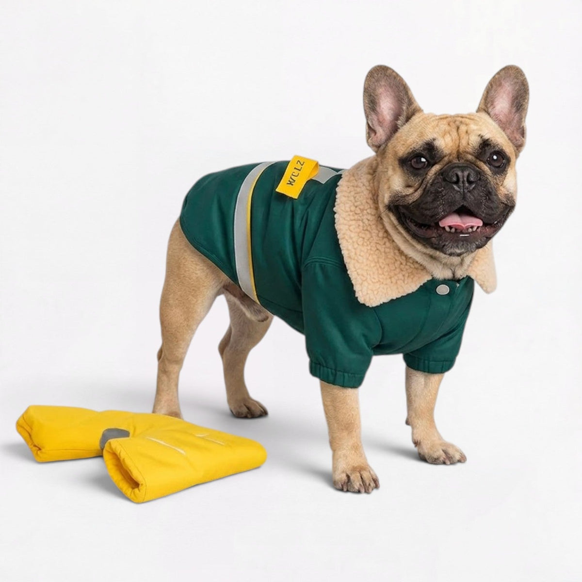 Reflective strip and elastic leg openings on a French Bulldog jacket