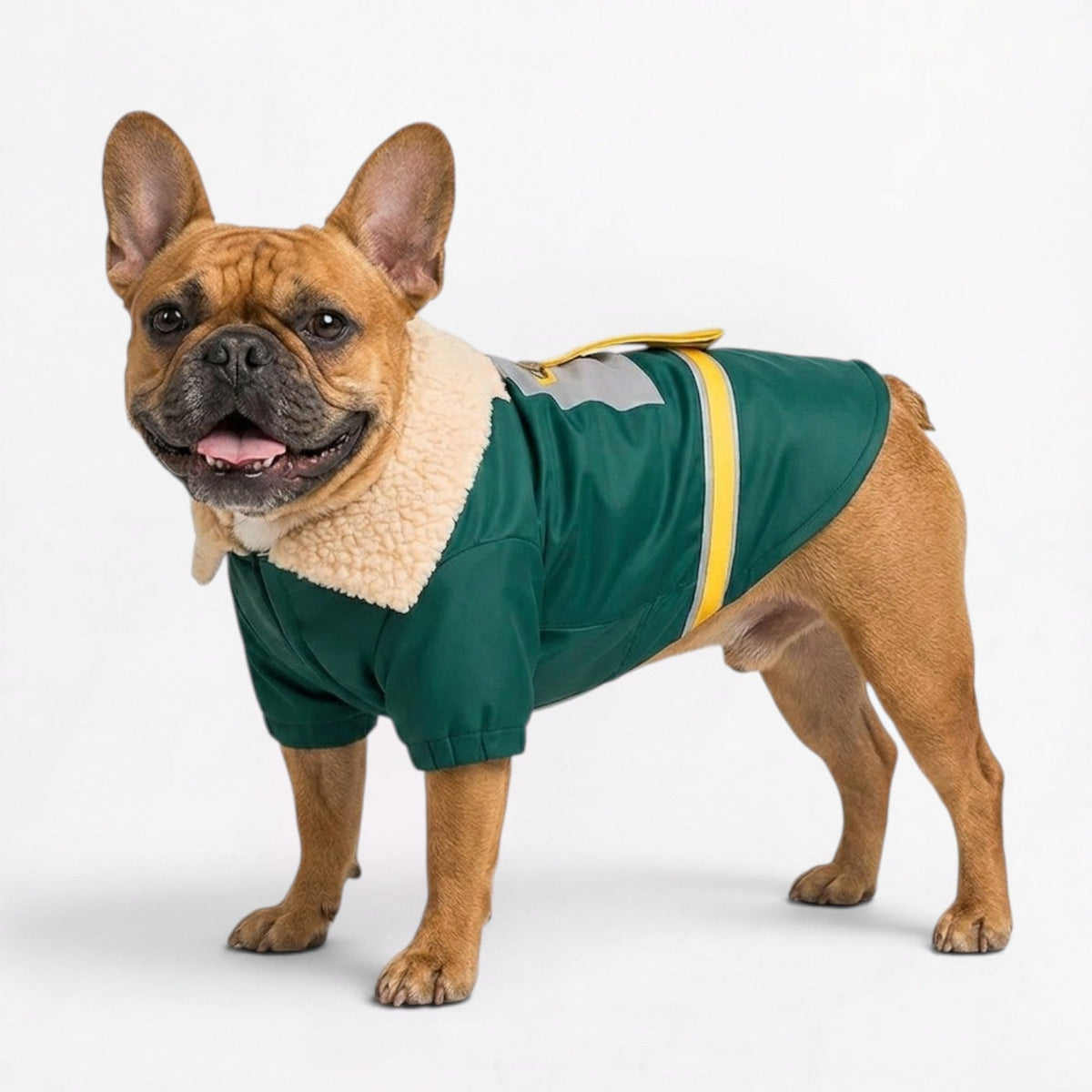 French Bulldog detachable jacket in green, in sizes S to 3XL