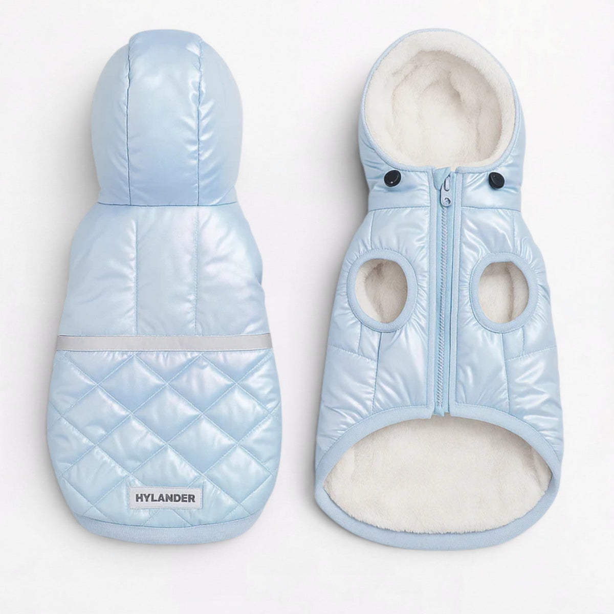 French Bulldog hooded vest with a front zip and a reflective safety strip