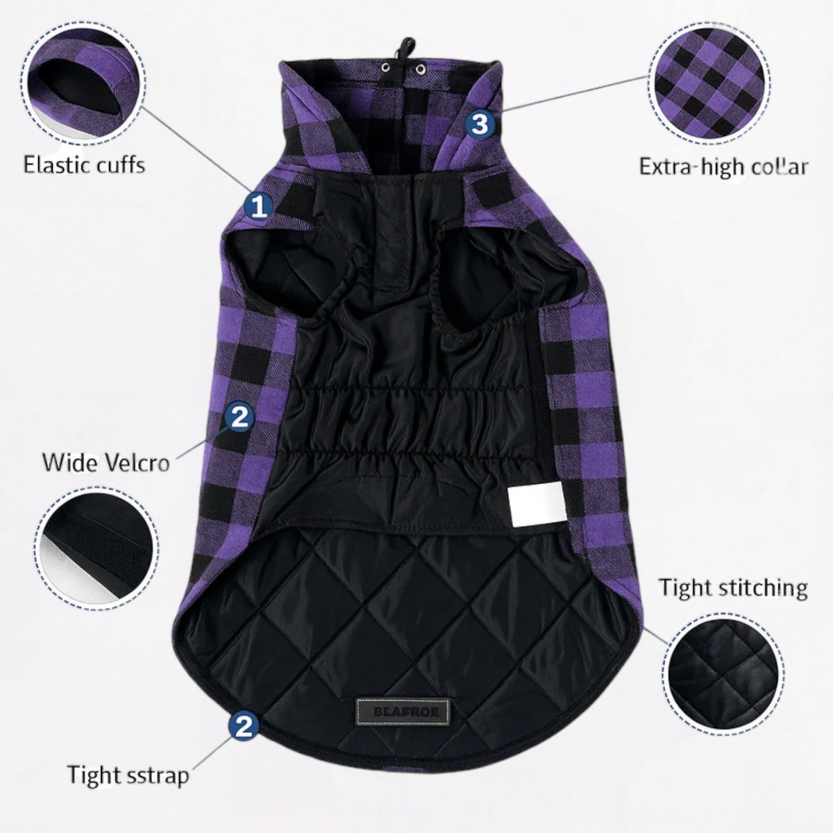 Reversible dog winter coat for French Bulldogs with wide Velcro straps