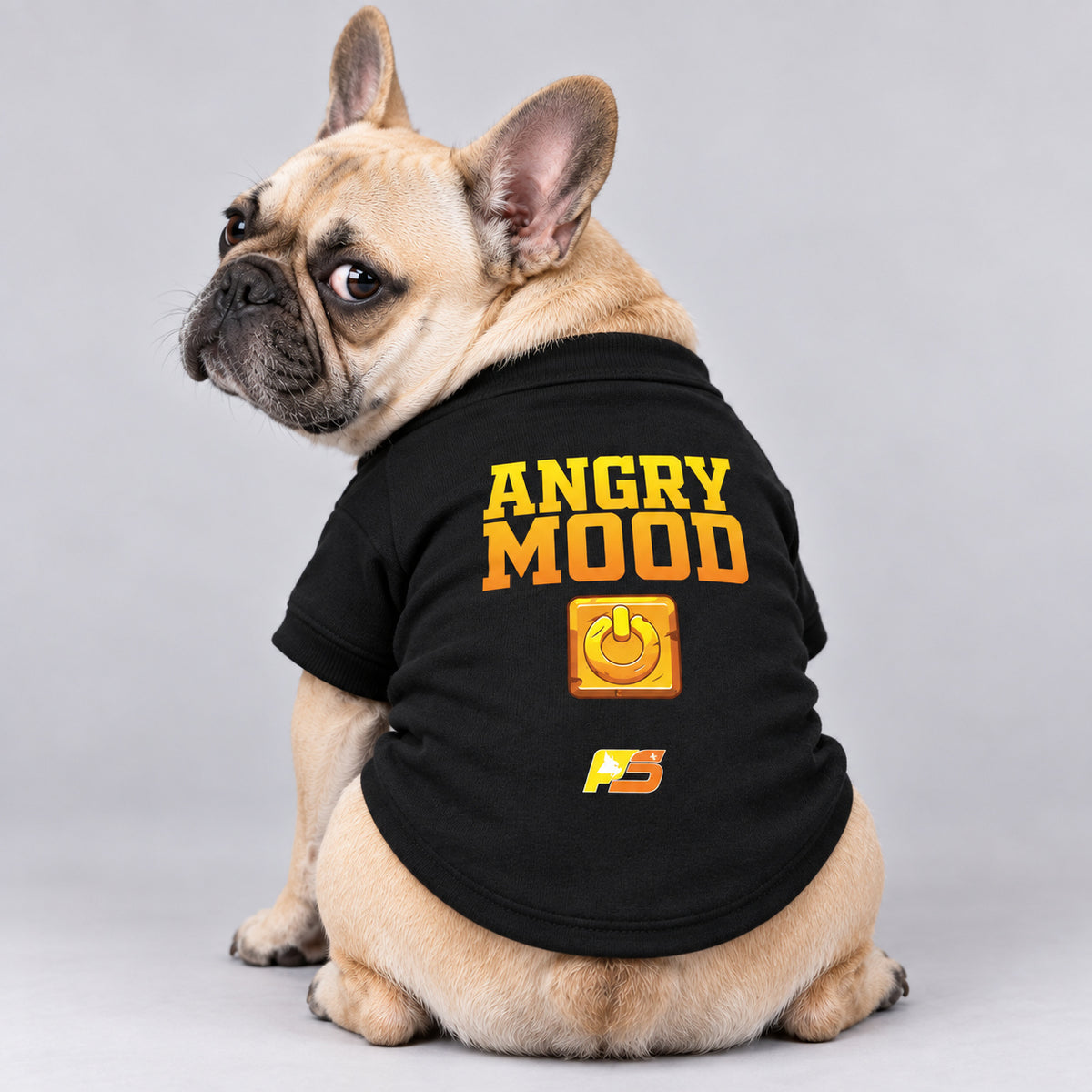 Angry Mood French Bulldog cardigan, cotton-blend sweatshirt with bold lettering and a power-button graphic