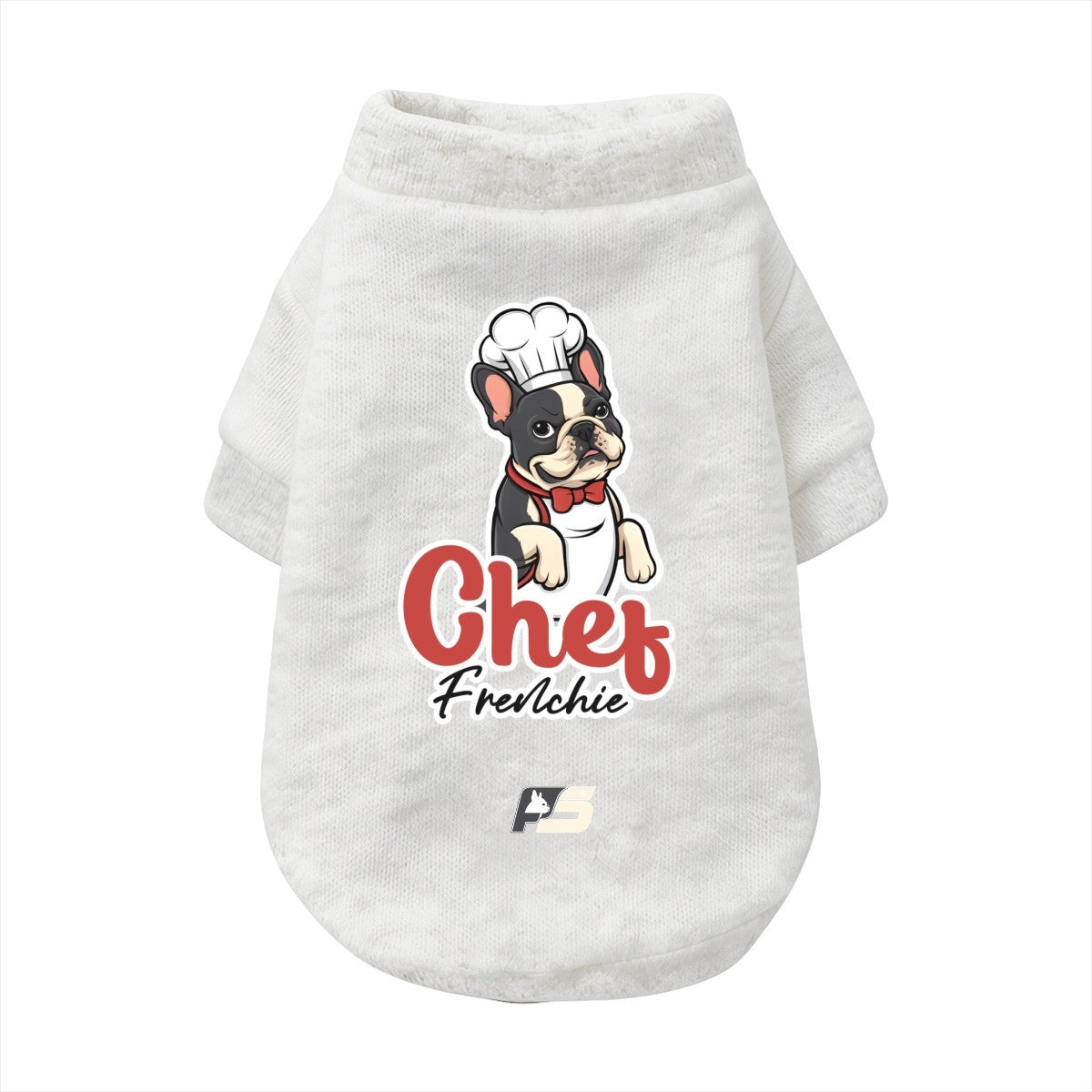 Chef Frenchie dog cardigan with finished neckline, cuffs and curved hem