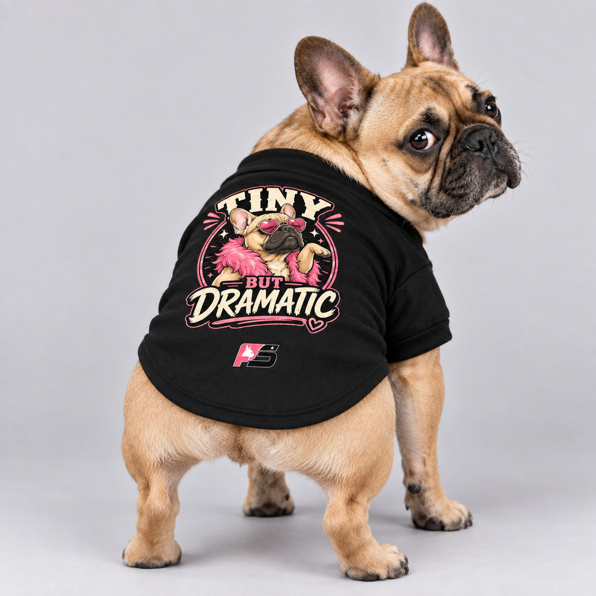 Tiny but Dramatic French Bulldog cardigan, cotton-blend sweatshirt with a pink feather-boa dog graphic