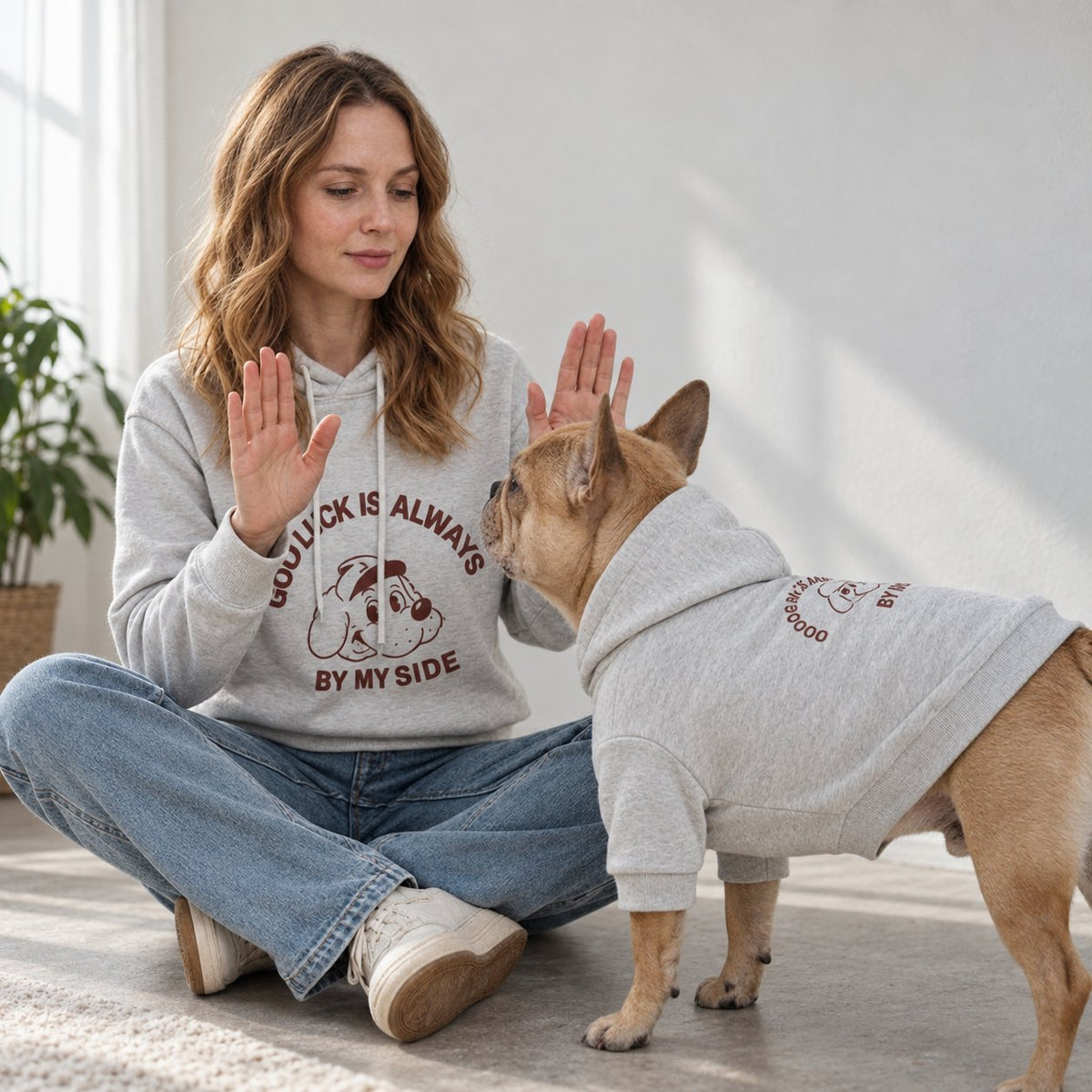 Letter print French Bulldog hoodie lined with plush velvet