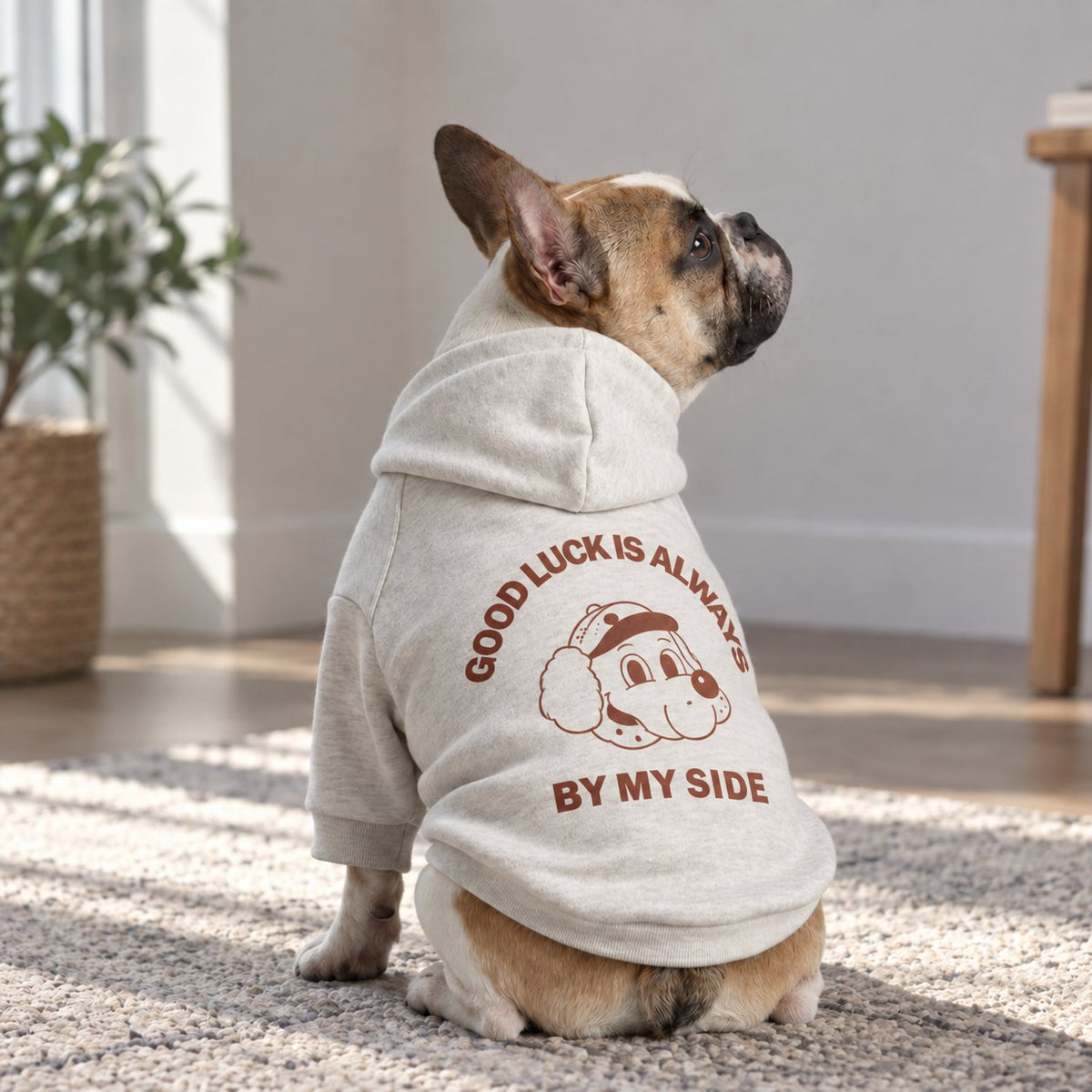 Matching letter print owner hoodie carrying the same graphic as the dog version
