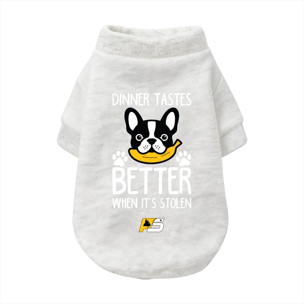Dinner Tastes Better French Bulldog cardigan with finished neckline, cuffs and curved hem