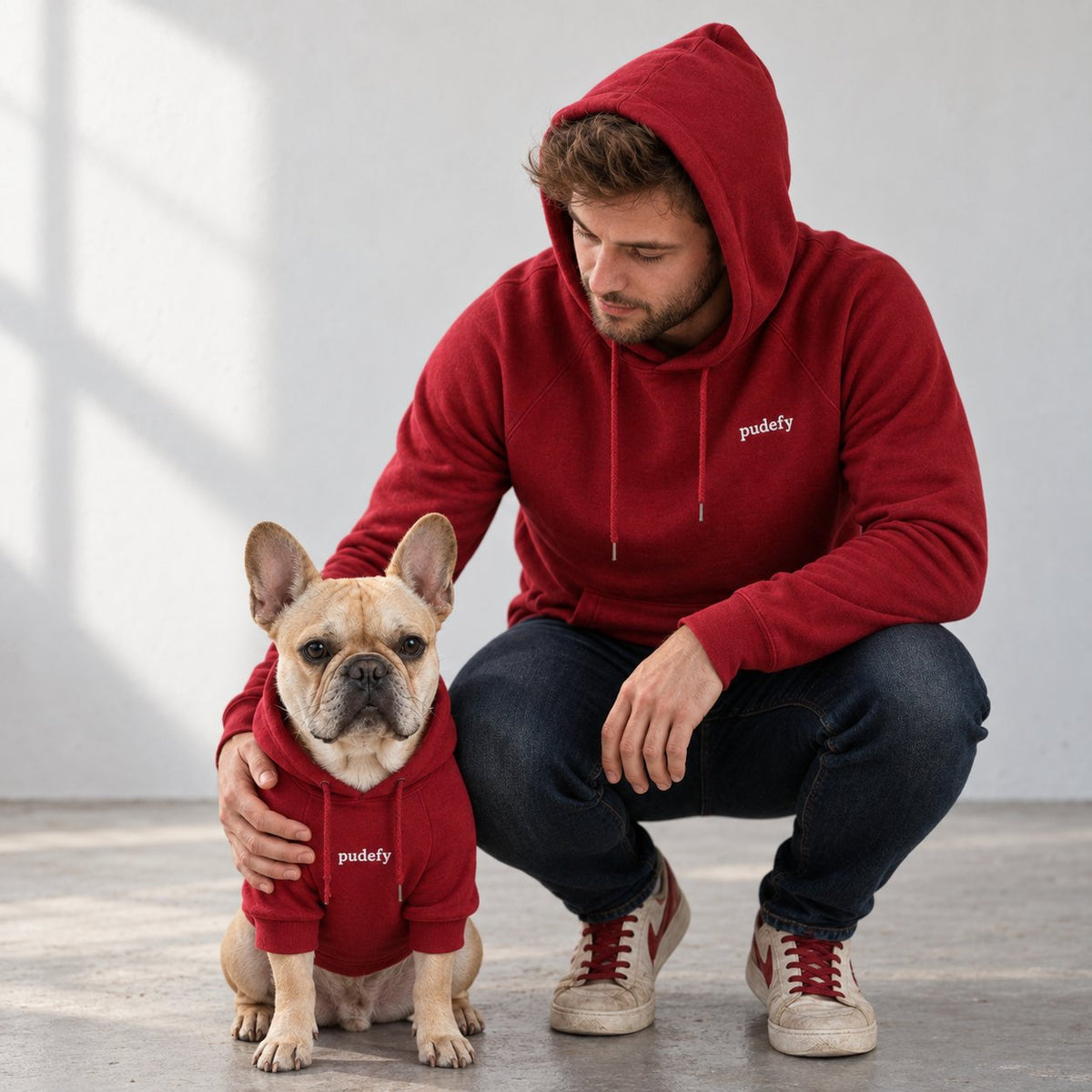 Velvet-lined French Bulldog hoodie in a single solid color