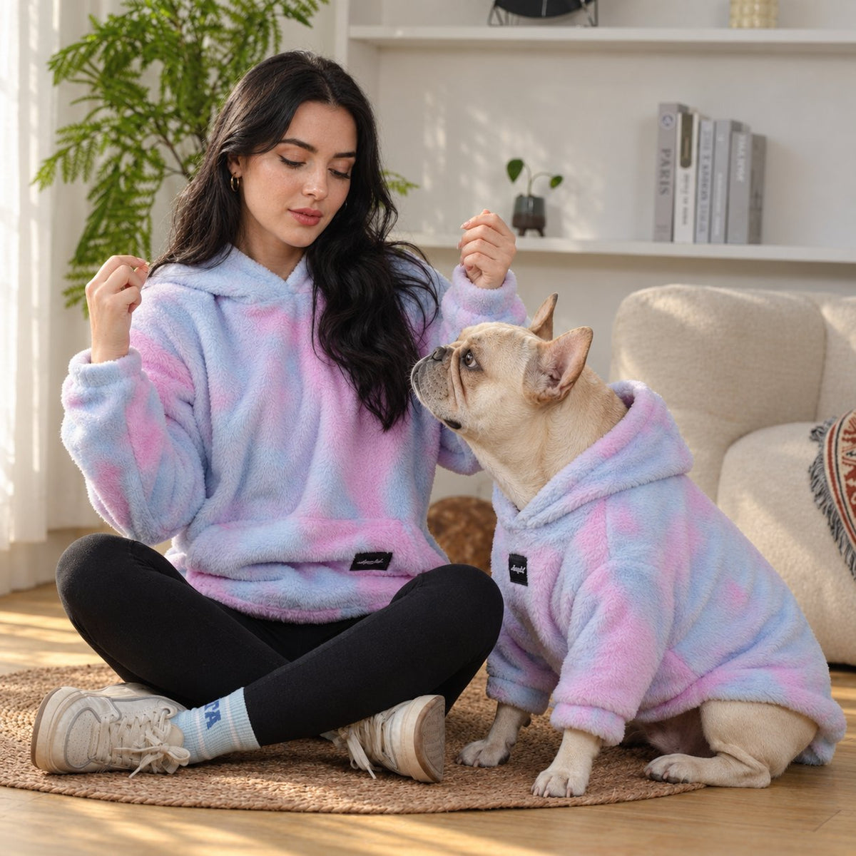 Stretch-body French Bulldog hoodie in a breathable pastel tie-dye knit