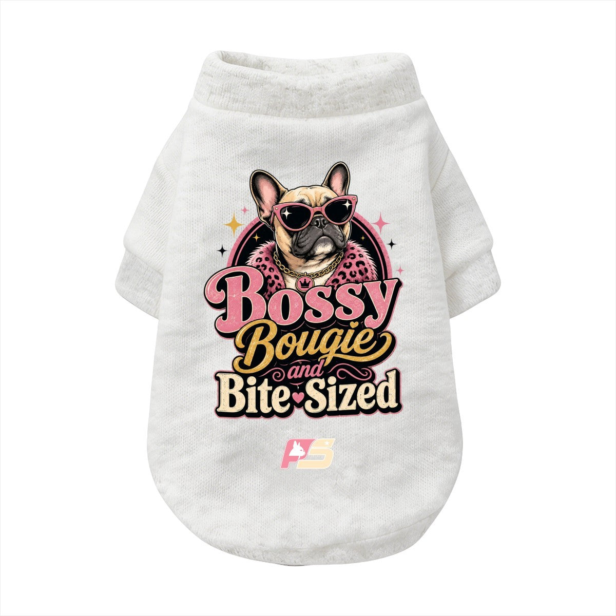 Bossy, Bougie & Bite-Sized French Bulldog sweatshirt cardigan with finished neckline and cuffs