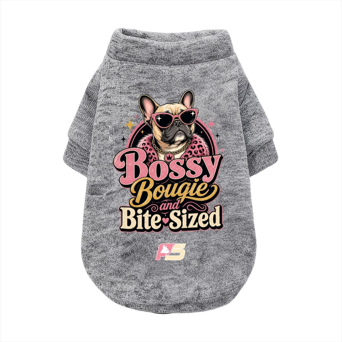 Bossy, Bougie & Bite-Sized French Bulldog cardigan with curved hem in soft cotton-blend fabric