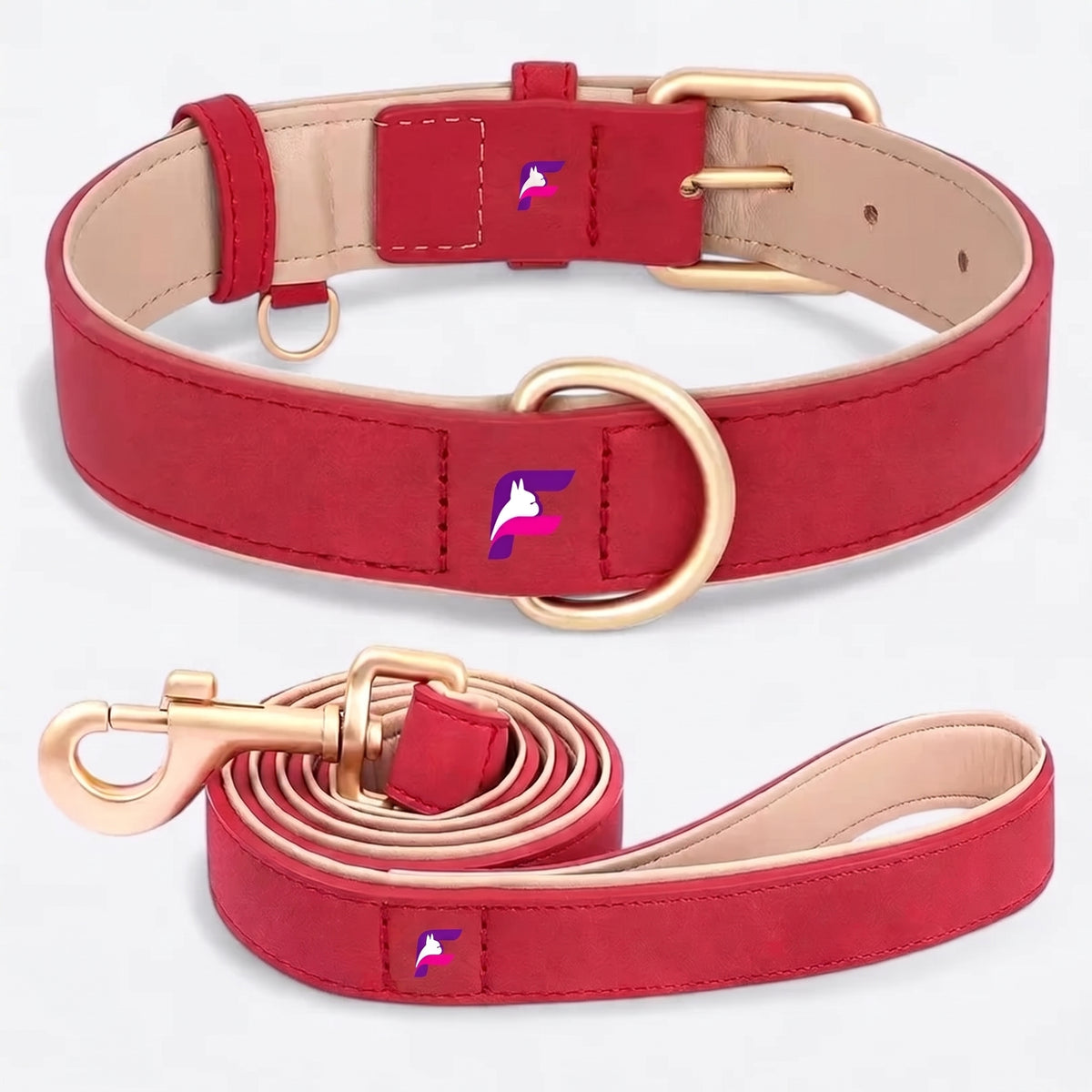 French Bulldog leather collar and leash set in double layer brushed PU leather