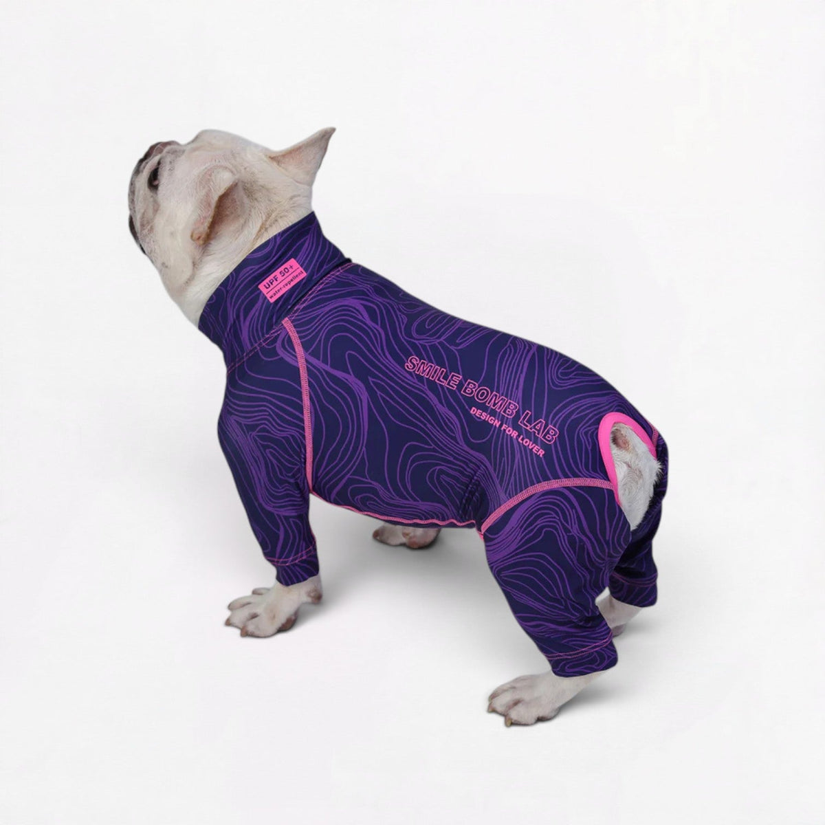 UPF 50+ Frenchie pajamas in lightweight stretch fabric covering the torso and legs