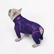 UPF 50+ Frenchie pajamas in lightweight stretch fabric covering the torso and legs