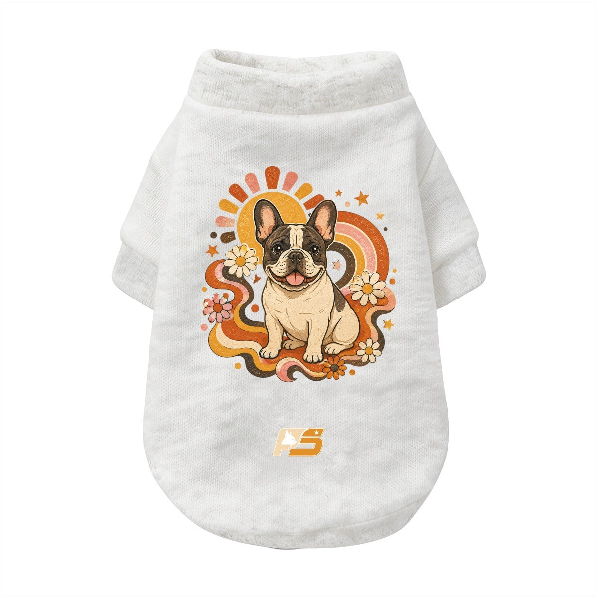 Retro Rainbow Frenchie dog cardigan with finished neckline, cuffs and curved hem