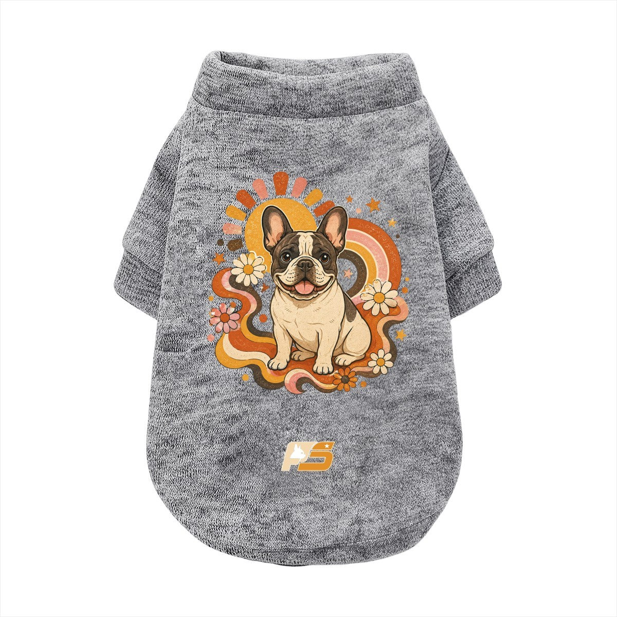 Retro Rainbow Frenchie dog cardigan, button-front dog sweatshirt in black, white or gray