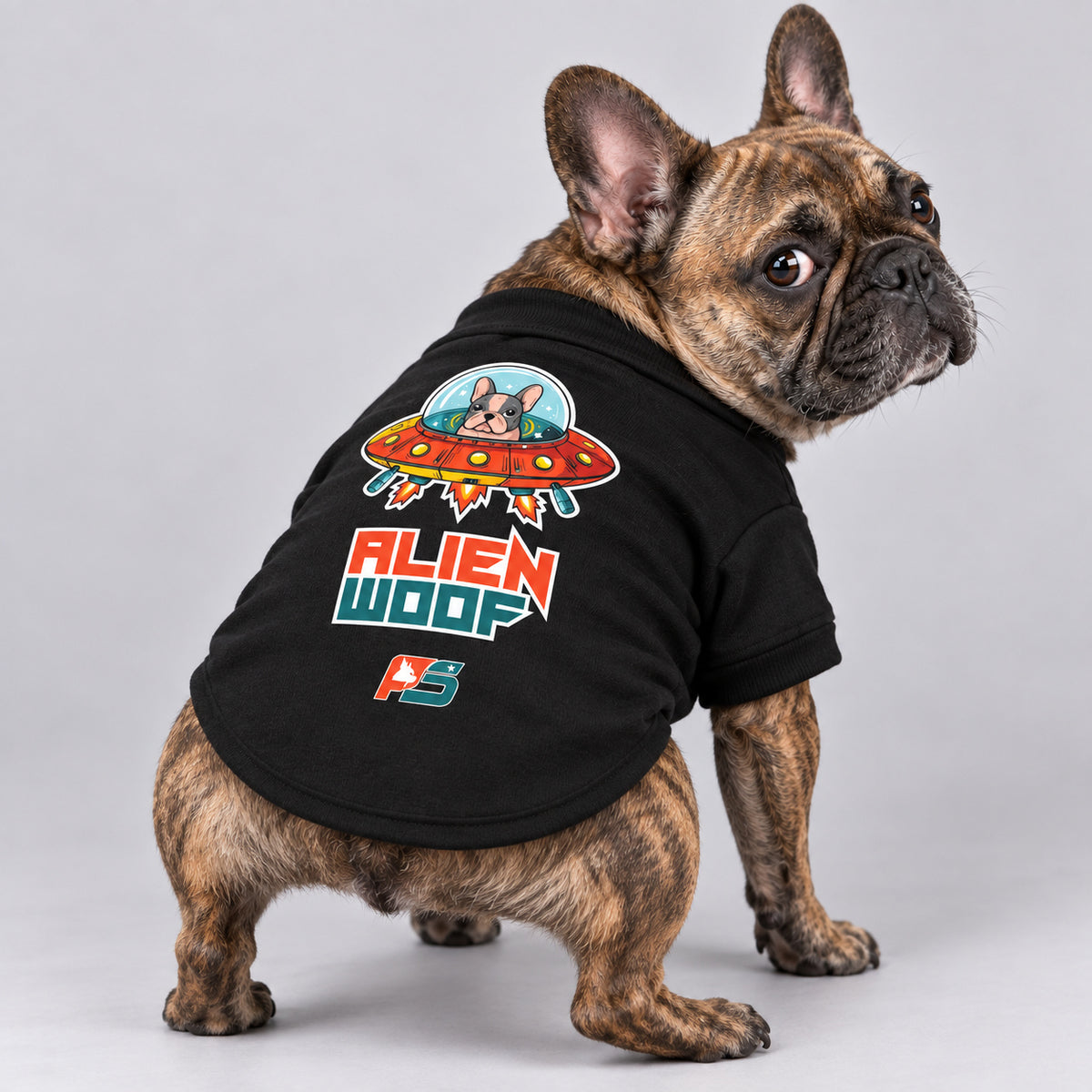 Alien Woof French Bulldog cardigan, cotton-blend sweatshirt with a dog pilot and flying saucer graphic