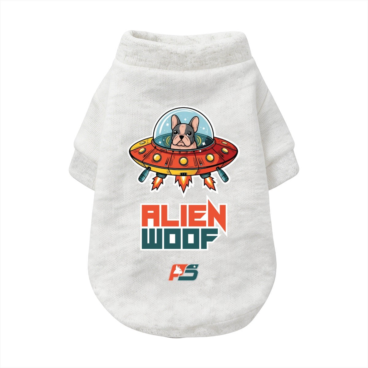 Alien Woof French Bulldog cardigan with finished neckline, cuffs and curved hem