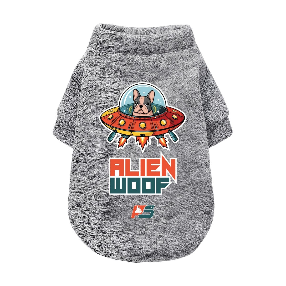 Alien Woof French Bulldog cardigan, button-front dog sweatshirt in black, white or gray