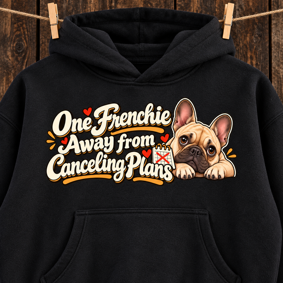 Close-up of the One Frenchie Away from Canceling Plans front print on a black French Bulldog hoodie.