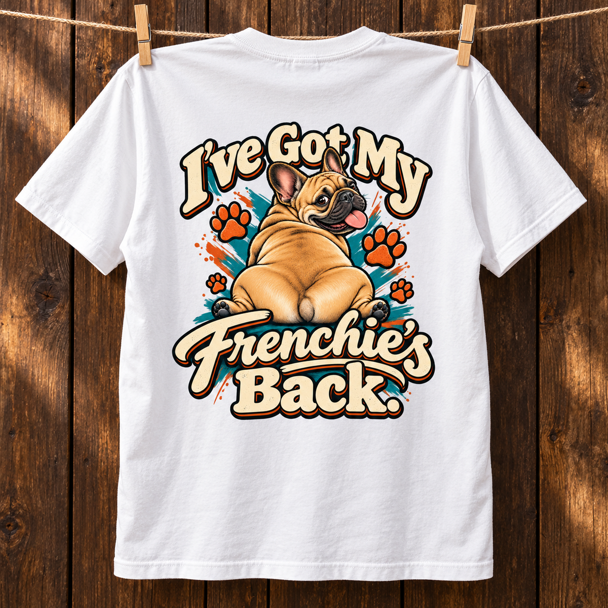 Close-up of I've Got My Frenchie's Back. artwork on the back of a white cotton T-shirt