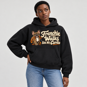 Woman wearing a black French Bulldog hoodie with the Frenchie Walks Are My Cardio front print.