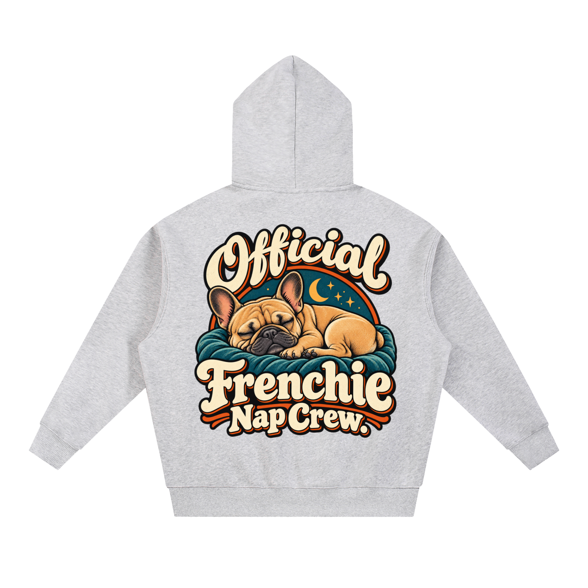 Flower Gray French Bulldog hoodie showing the Official Frenchie Nap Crew back artwork.