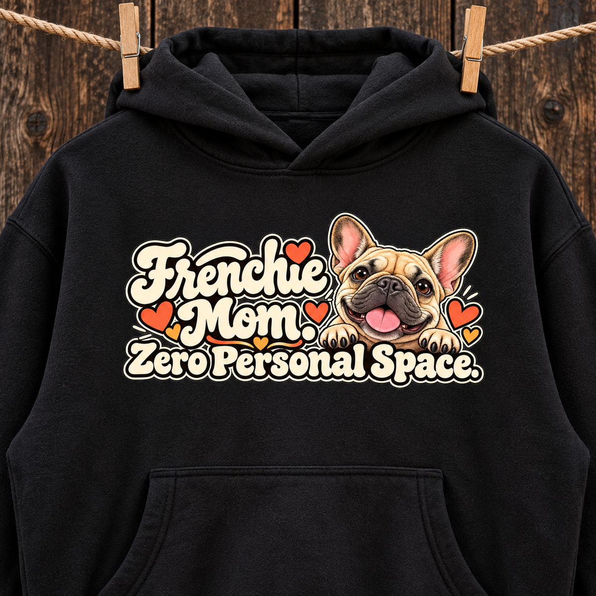 Close-up of the Frenchie Mom. Zero Personal Space front print on a black French Bulldog hoodie.