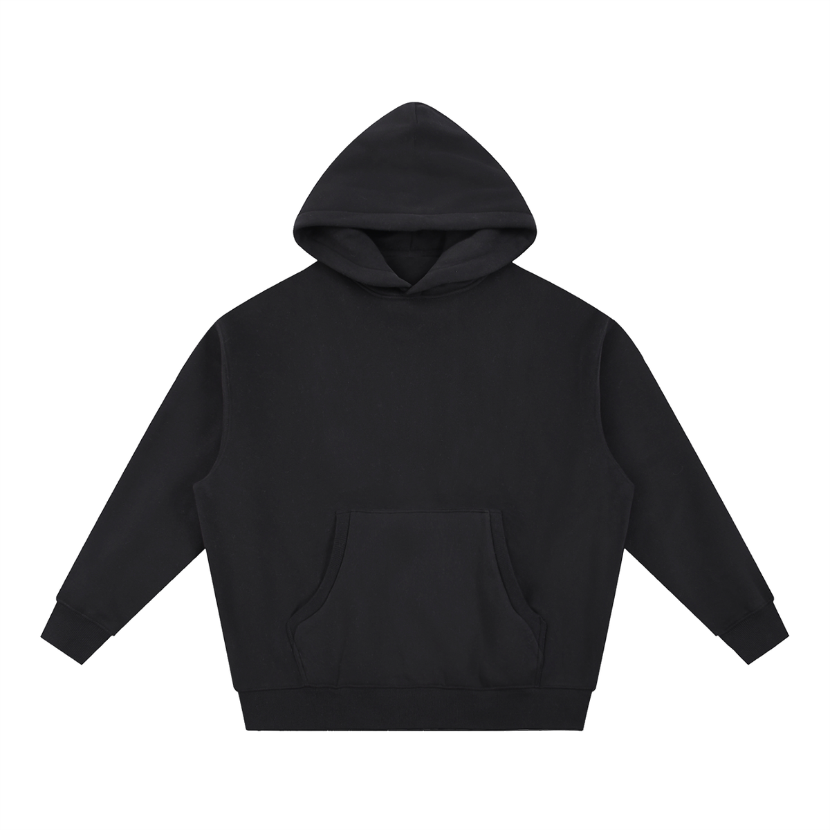 Plain front of a black oversized fleece pullover hoodie with a kangaroo pocket.