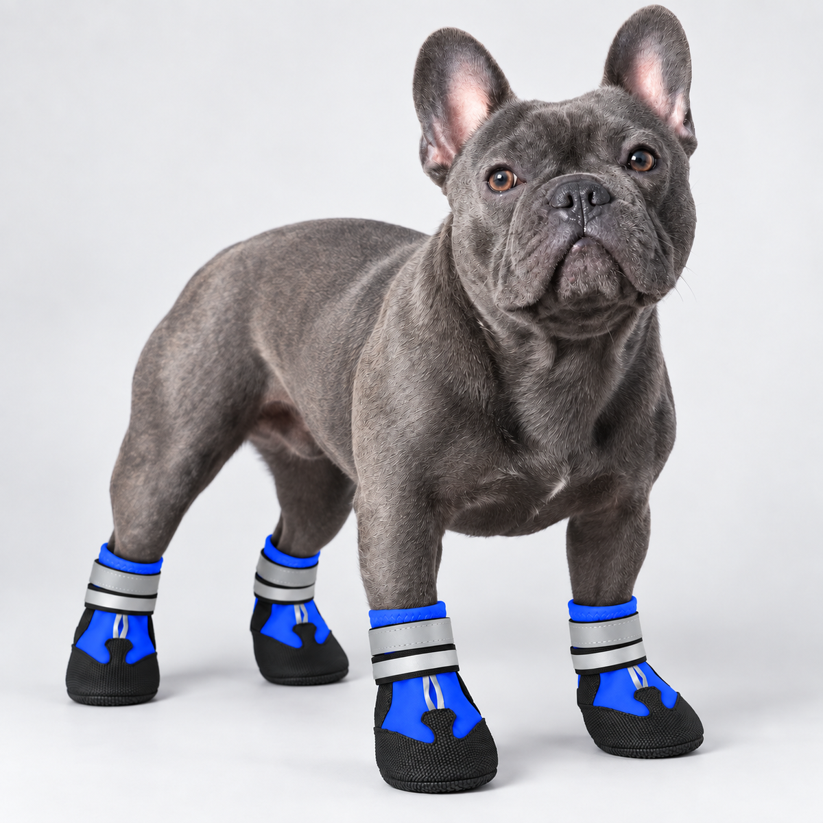 Blue French Bulldog wearing blue AquaGrip waterproof boots