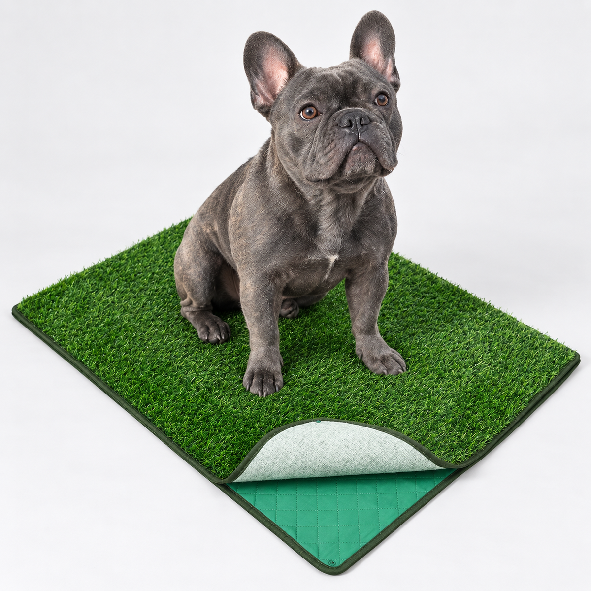 Artificial Grass French Bulldog Potty Tray — Green studio photo