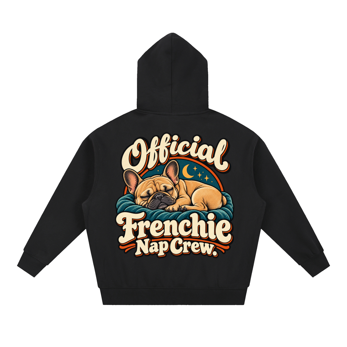 Black French Bulldog hoodie showing the Official Frenchie Nap Crew back artwork.