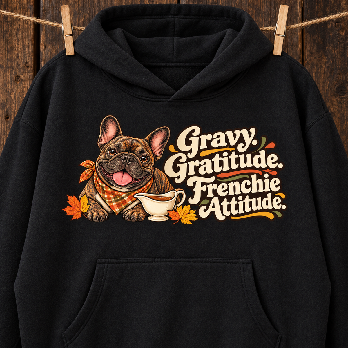 Close-up of the Gravy. Gratitude. Frenchie Attitude front print on a black French Bulldog hoodie.