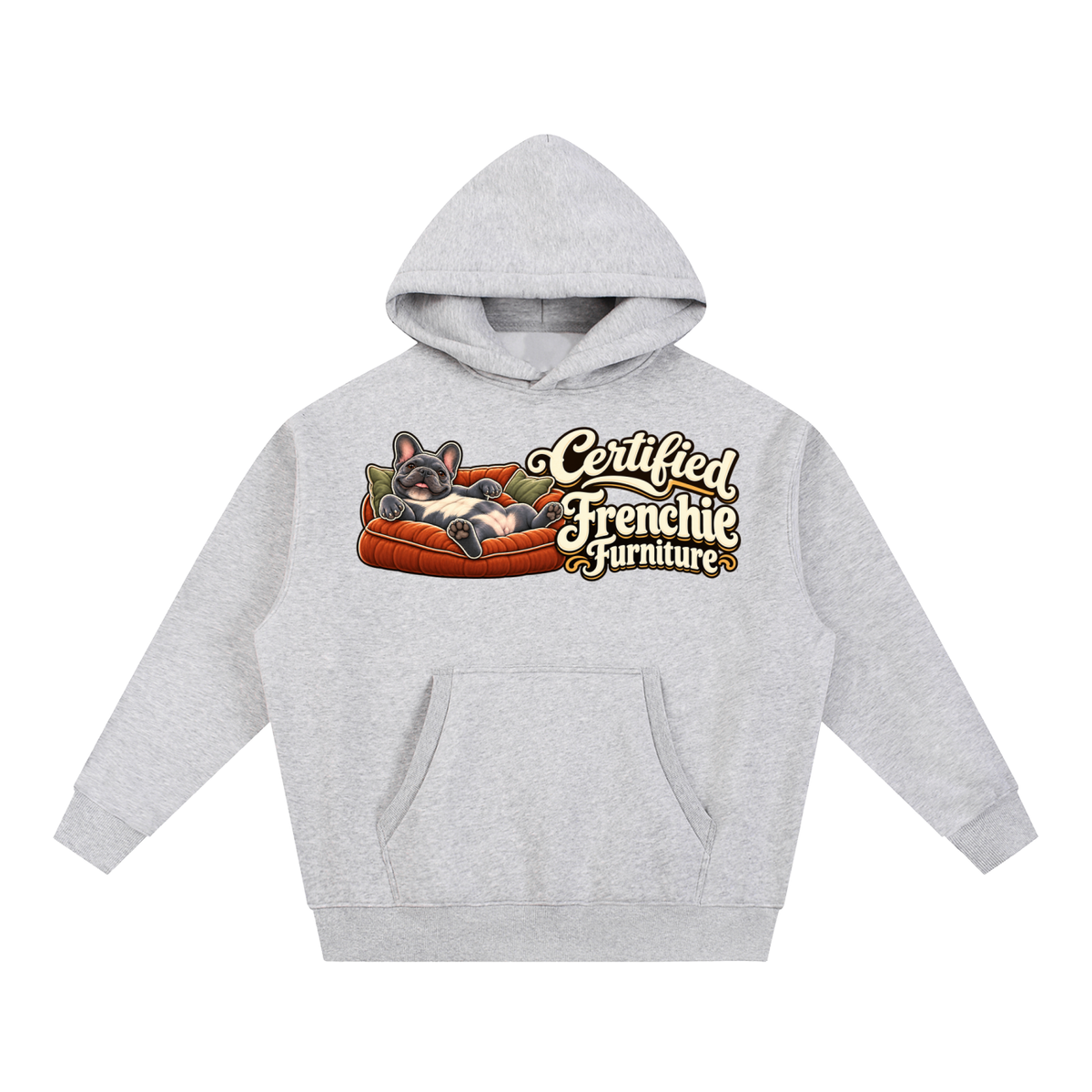 Flower Gray French Bulldog hoodie showing the Certified Frenchie Furniture front artwork.