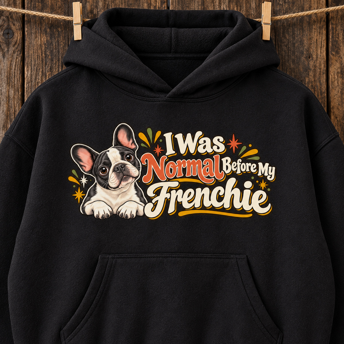Close-up of the I Was Normal Before My Frenchie front print on a black French Bulldog hoodie.