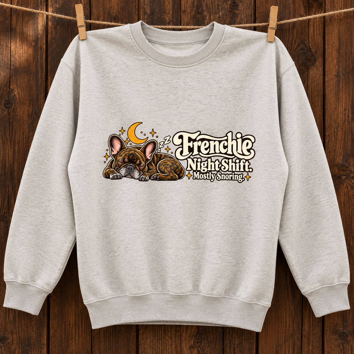 Model wearing a oat gray French Bulldog sweatshirt with Frenchie Night Shift. Mostly Snoring. on the front